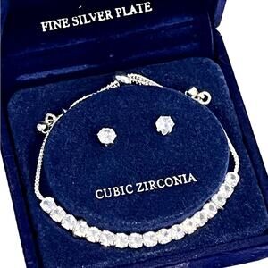 NEW Bolo BRACELET & EARRINGS SET Silver Plate CZ BRACELET Solitaire Studs Boxed